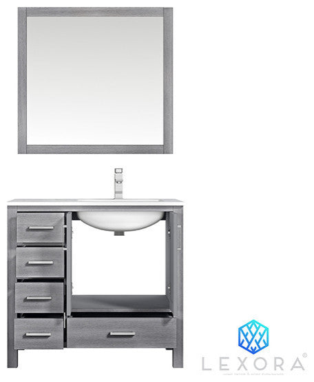 Jacques 36" Vanity, Wht Carrara Marble Top w/ 34" Mirror, Distressed Grey, Right