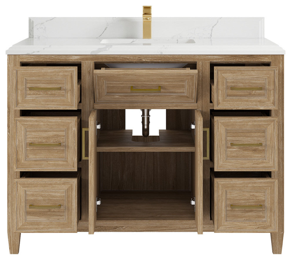 Santa Monica 48 Single Sink Bath Vanity in Whitewashed Teak 1.5" Calacatta Laza