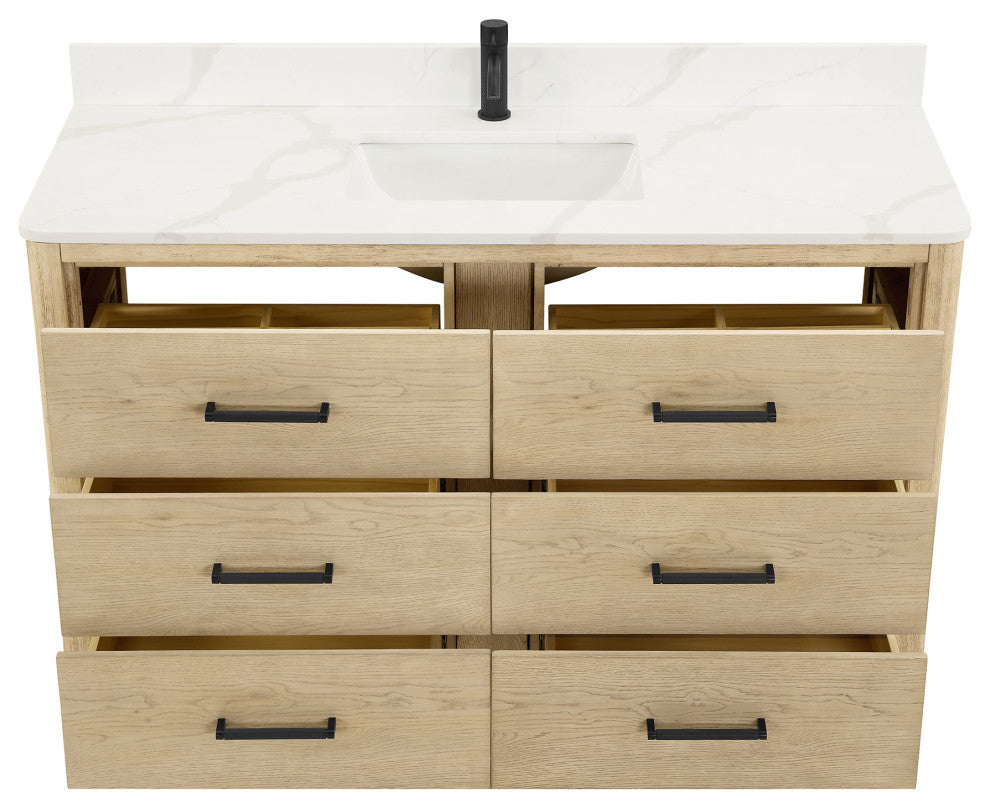 Porto Bath Vanity with White Quartz Stone Top, Natural Oak, 55 in., No Mirror