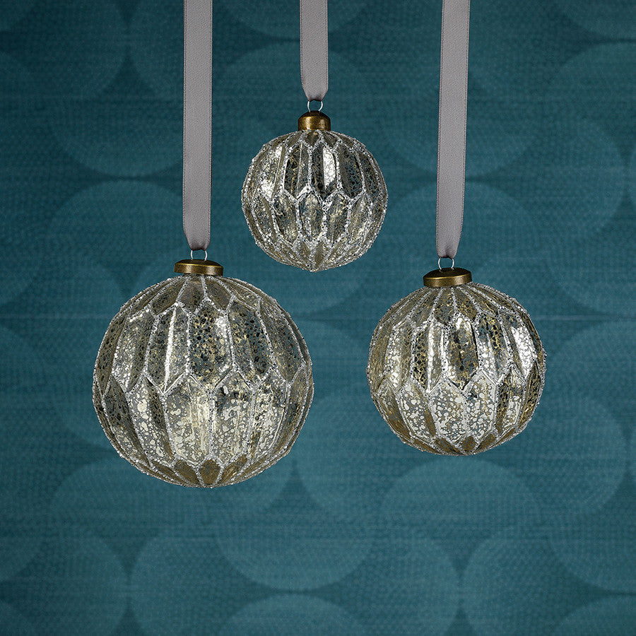 Antique Silver Glass Ball Ornaments, Set of 6, 4"