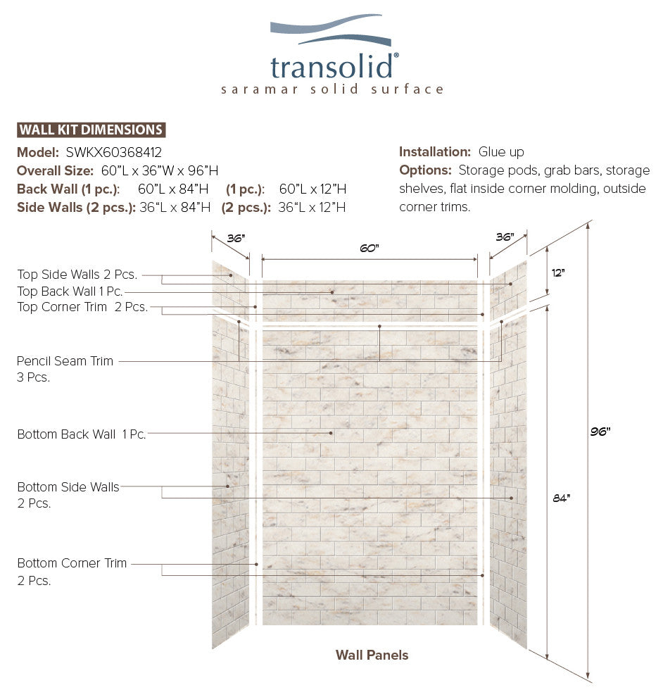 Transolid SaraMar 60"x36"x96" 6-Piece Shower Wall Kit, Biscotti Marble