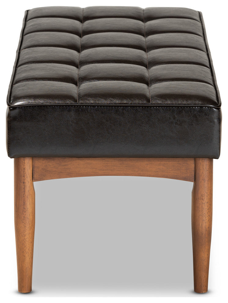 Devin Midcentury Modern Dining Bench, Dark Brown Faux Leather