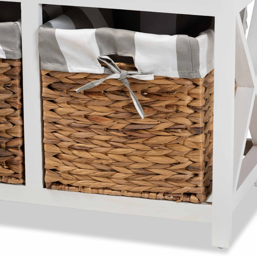 Abarne Grey and White Fabric and White Finished Wood Storage Bench with Baskets