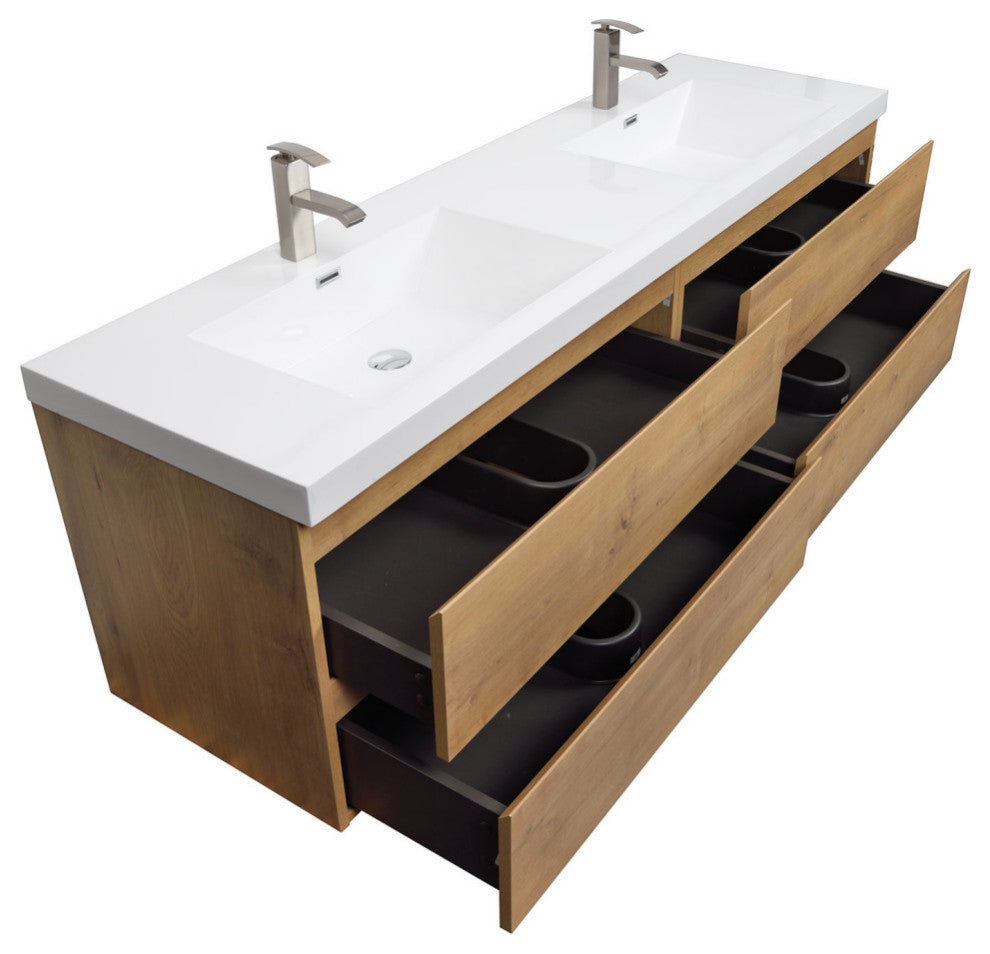 Angela 84" Contemporary Double Wall Mounted Vanity, Natural Oak