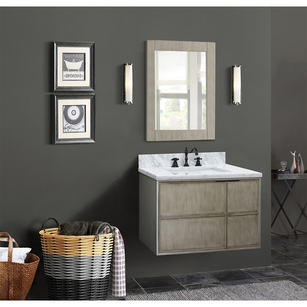 37" Single Wall Mount Vanity, Linen Brown Finish With White Carrara Top