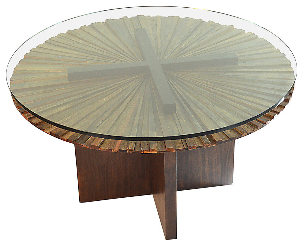 Round Mandala Dining Table, Stained Wood Base