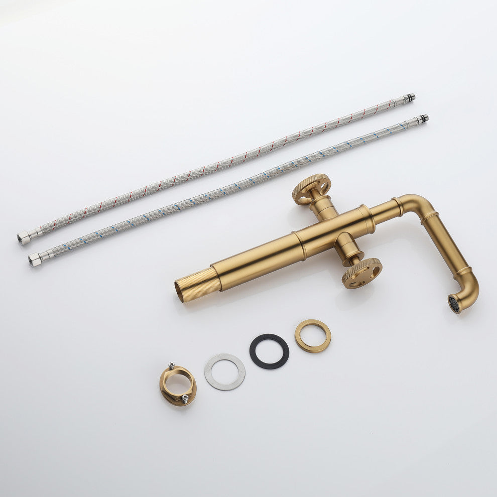 Deck Mounted Dual Handles Bathroom Vessel Sink Faucet, Brushed Gold
