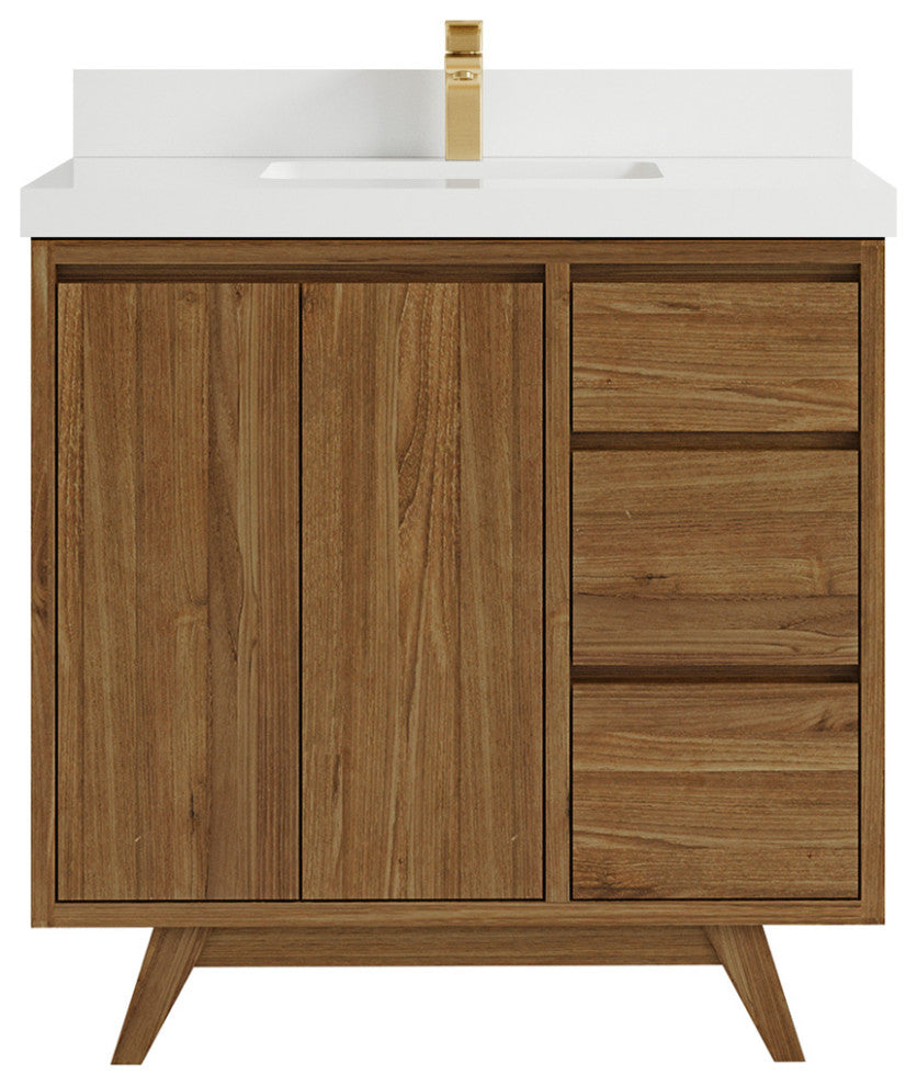 Madison Teak 36 Center Sink Bath Vanity in Dark Natural 2" White Quartz