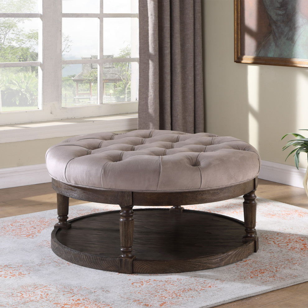 Smoked Rustic Gray Tufted Upholstered Round Ottoman, Grey Velvet