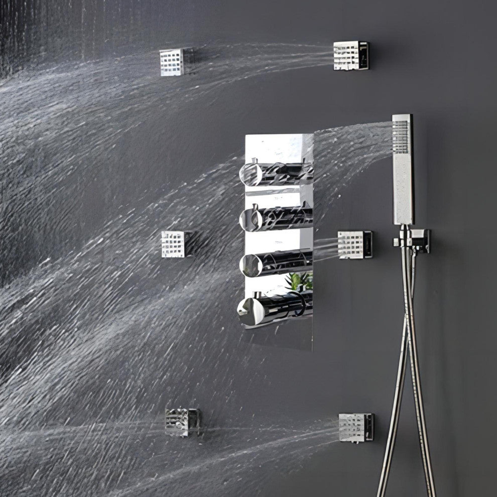 Thermostatic Shower System With Hand Shower and 6 Body Sprays, Chrome