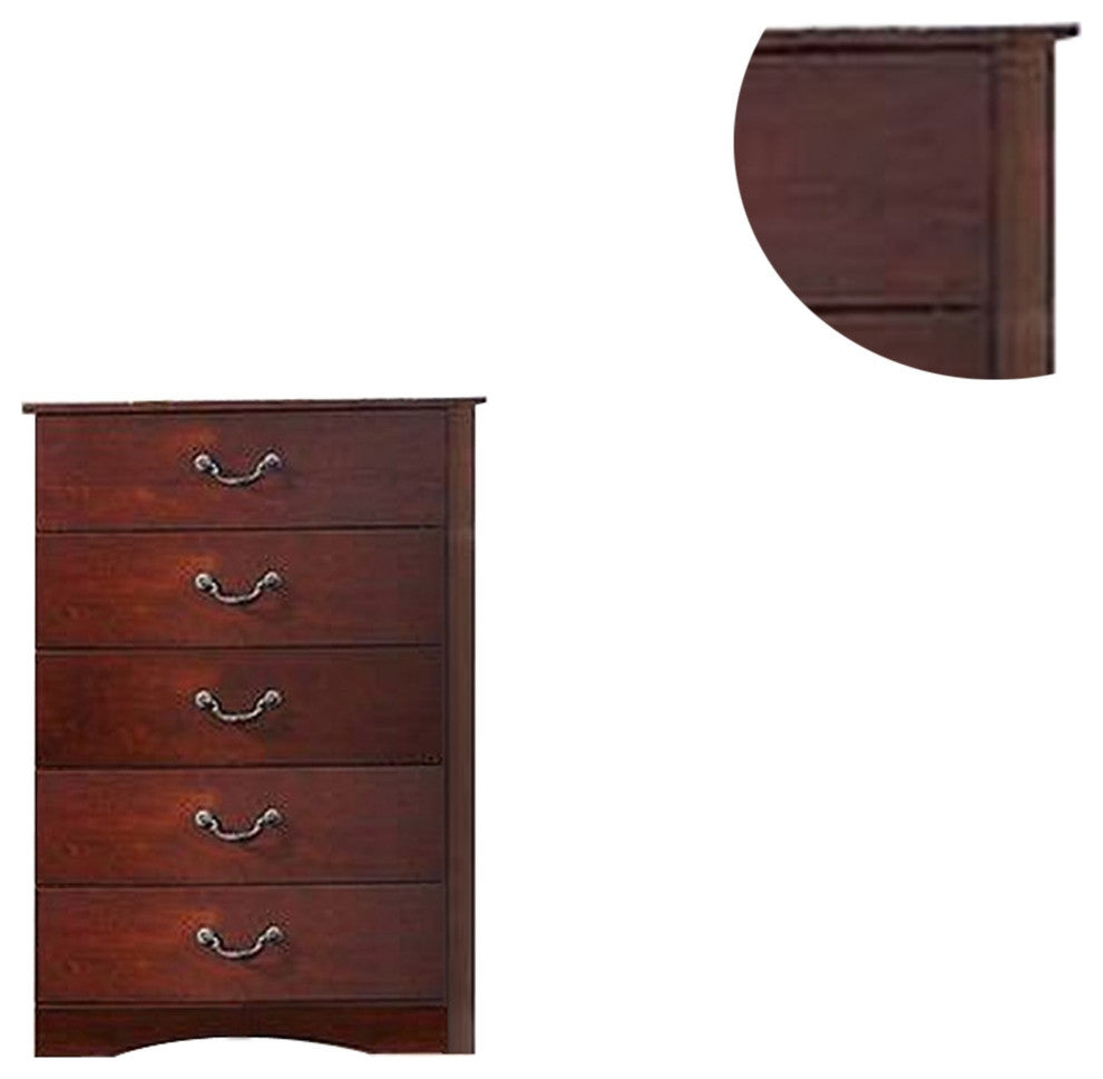 Bran 48 Inch 5 Drawer Tall Dresser Chest, Pine Wood, Grains, Cherry Brown