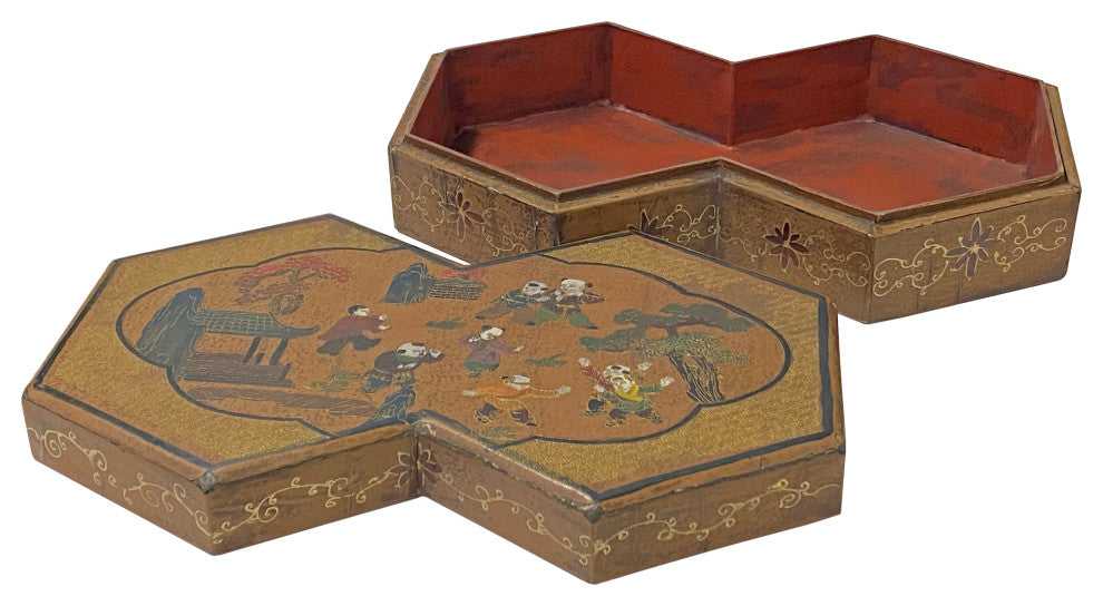 Chinese Distressed Brown People Graphic Rectangular Decagon Shape Box Hws2348