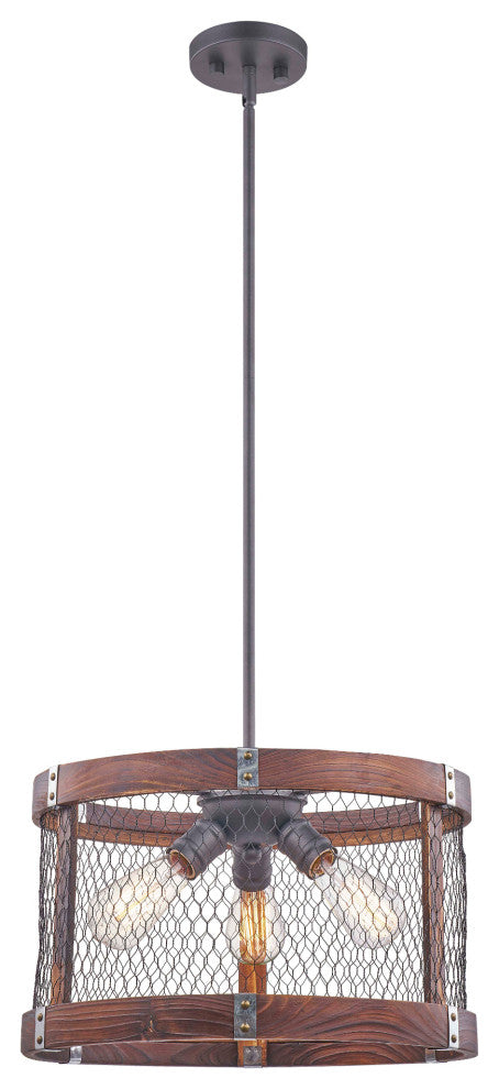 Rustic Wood In Burnt Brown Color 3-Light Pendant, No Bulbs