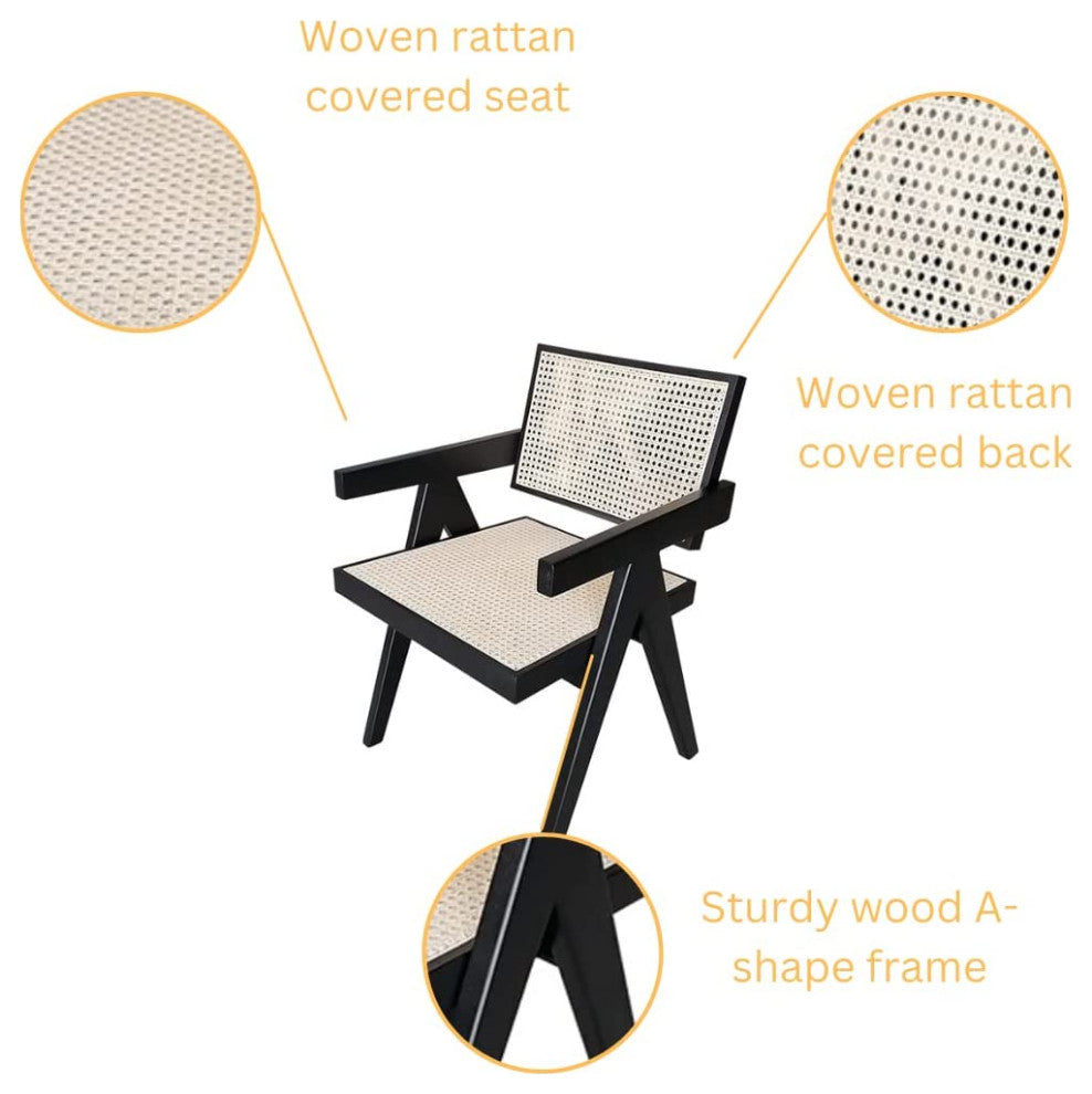 First of a Kind Rattan Cane Dining Chair Wooden Frame Accent, Black