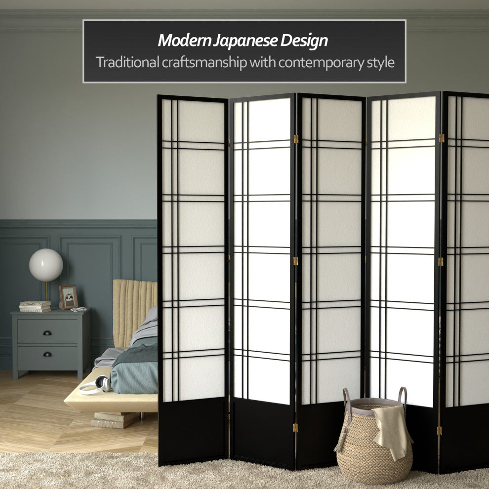 7' Tall Double Cross Shoji Screen, Black, 5 Panels