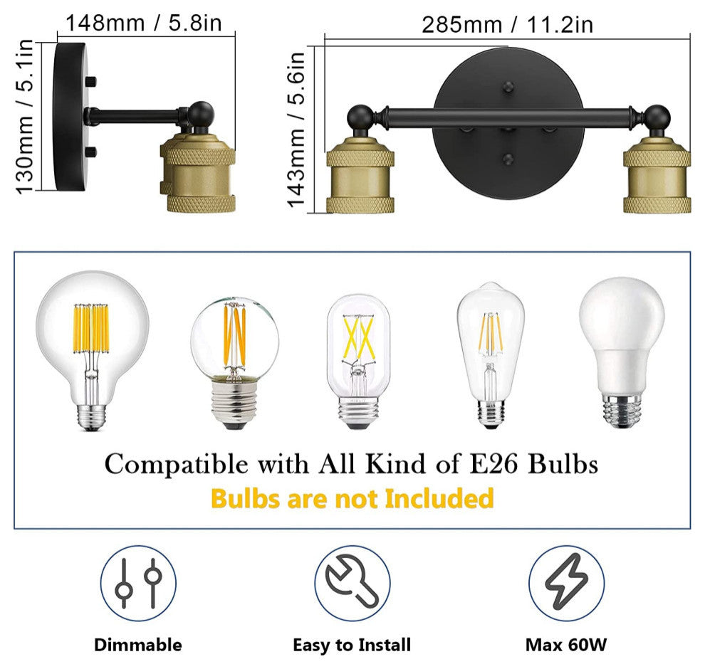 2 light farmhouse lighting fixture black gold vanity wall sconce lighting