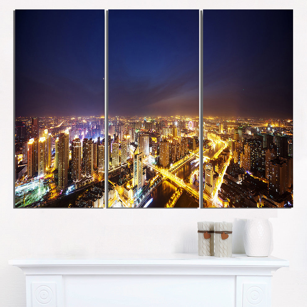 "Downtown Nighttime Panorama" Metal Wall Art, 3 Panels, 36"x28"