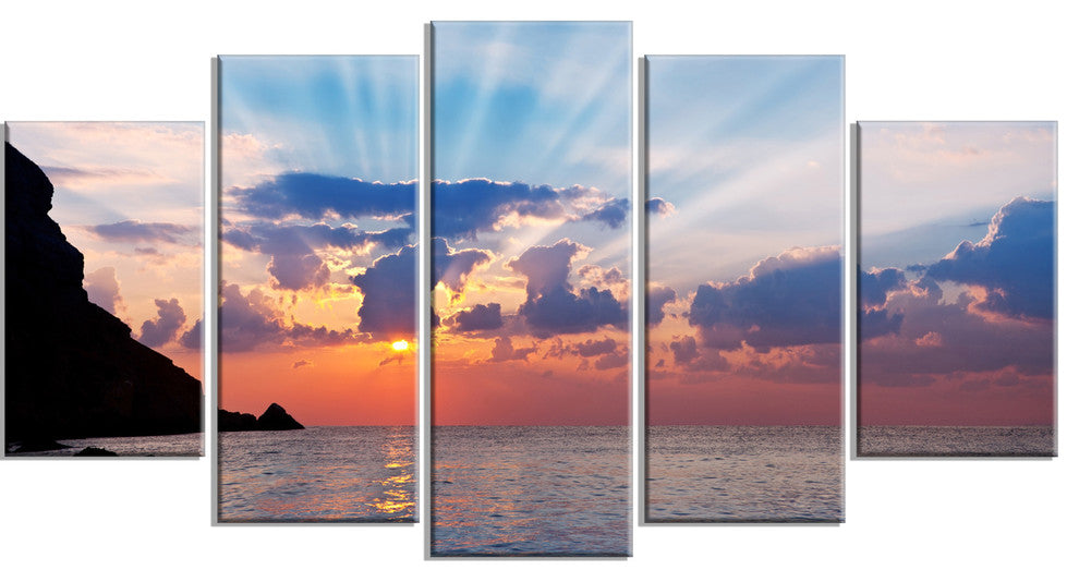Beautiful Raising Sun and Mountains, Landscape Canvas Art, 60"x32", 5 Panels