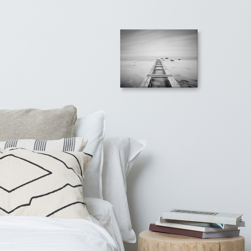 Moody Ocean & Sky Wooden Pier Black & White Landscape Photo Canvas Art Print, 12" X 16"