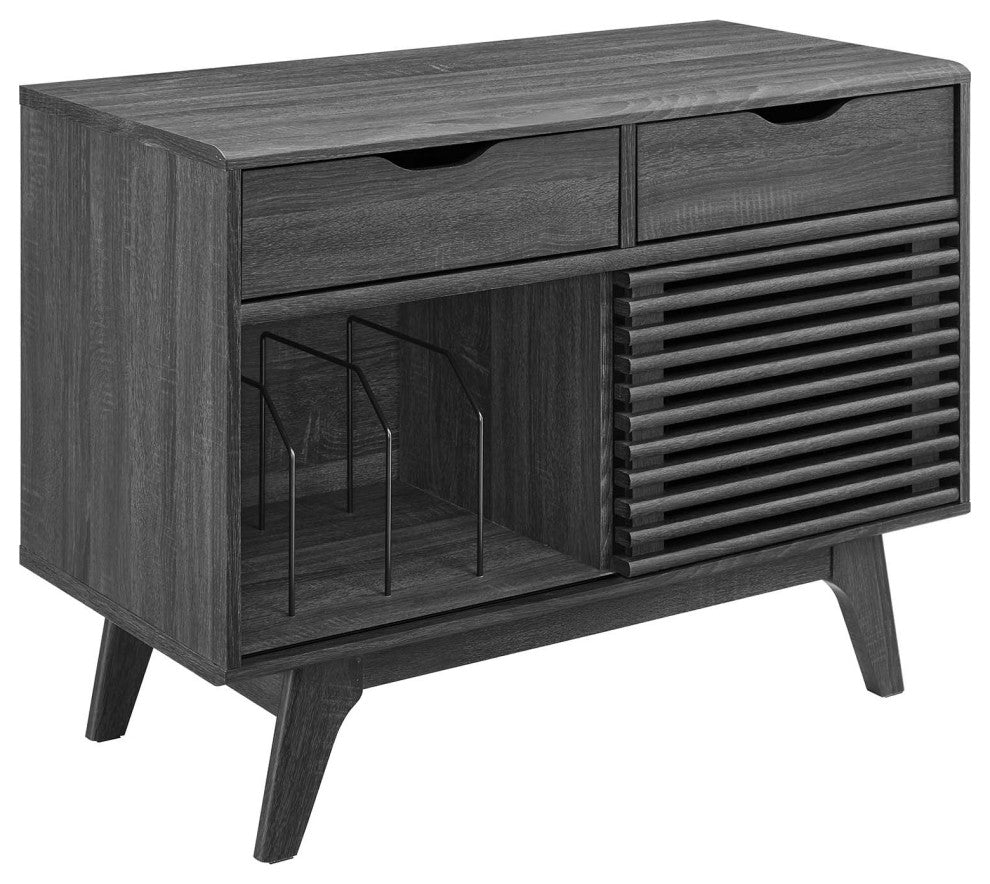 Vinyl Record Side Table Cabinet Stand, Charcoal Gray, Wood, Mid Century