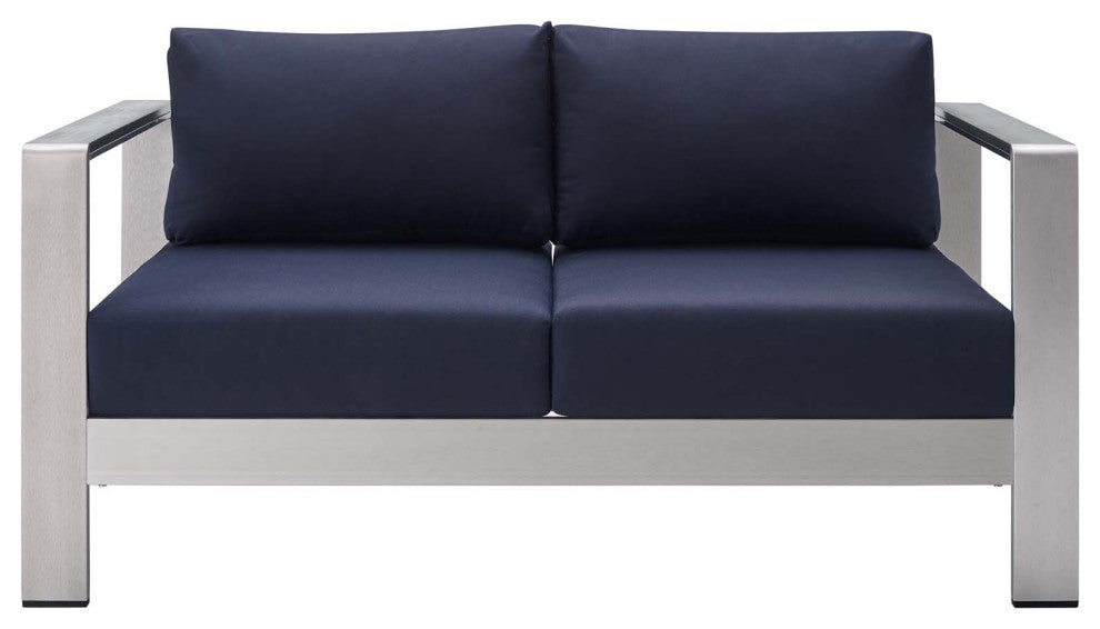 Lounge Loveseat Sofa, Sunbrella, Fabric, Aluminum, Silver Blue Navy, Outdoor