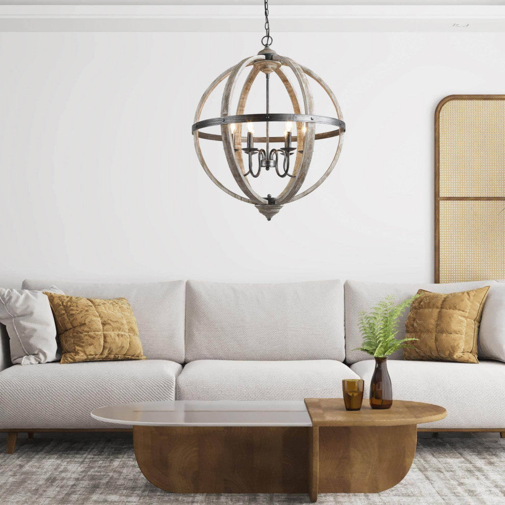 LALUZ 27-in 6-Light Distressed Gray Wood Globe Farmhouse Chandelier