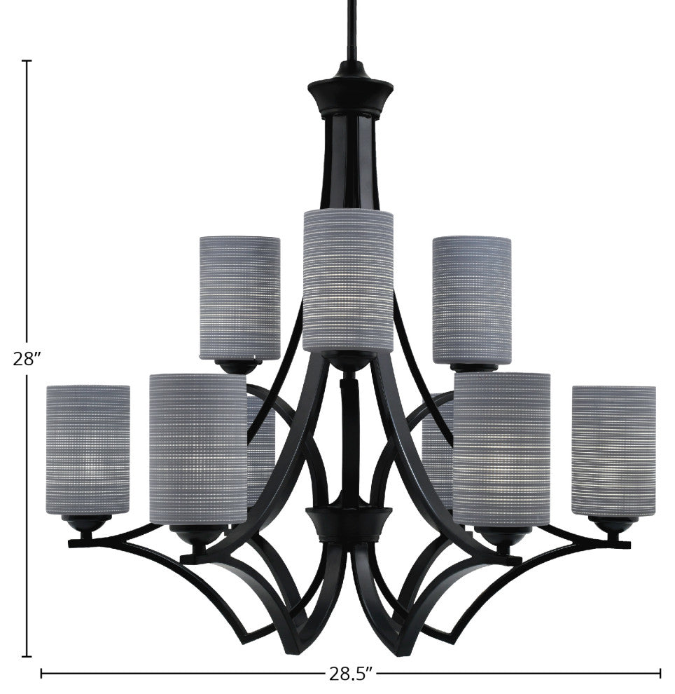 Zilo, 9 Light, Chandelier, Matte Black Finish With 4" Gray Matrix Glass