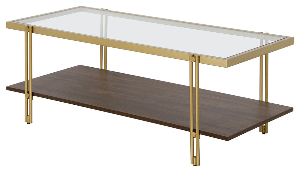 45" Brown And Gold Glass And Steel Coffee Table With Shelf