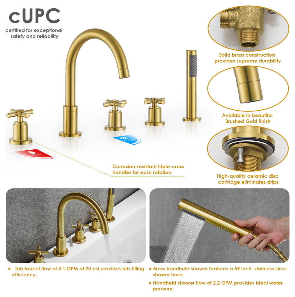 Sorlia Cross Handles Deck-Mount Roman Tub Faucet With Handshower, Brushed Gold