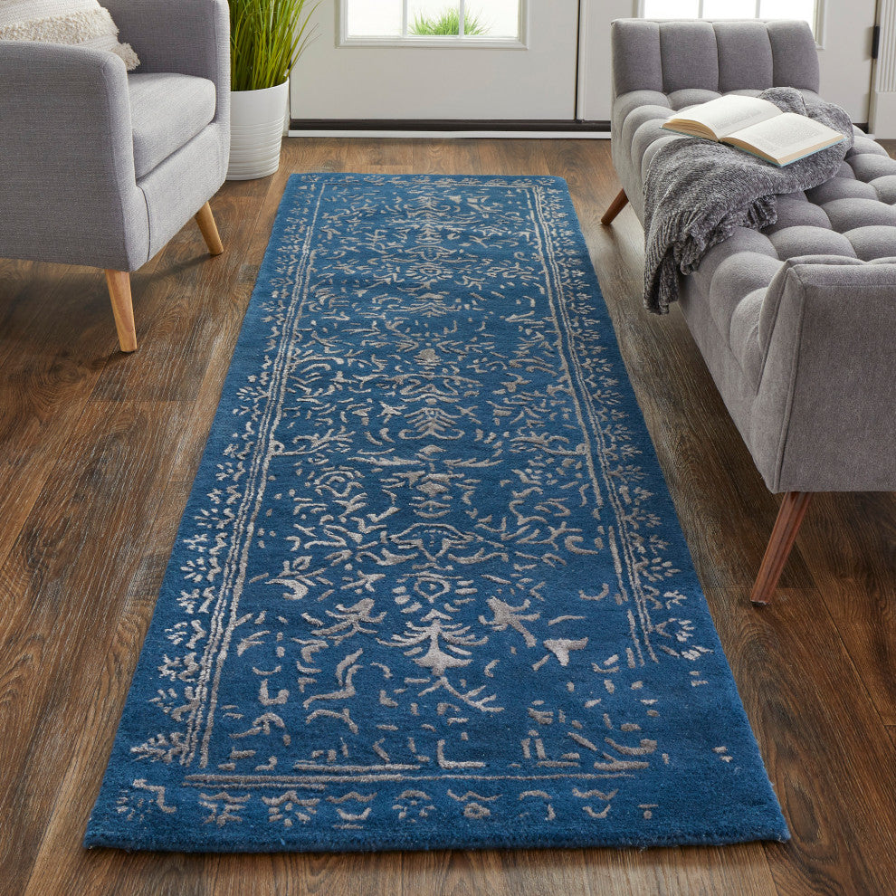 Weave & Wander Khalo Wool Rug, Blue/Silver, 2'-6" X 8'