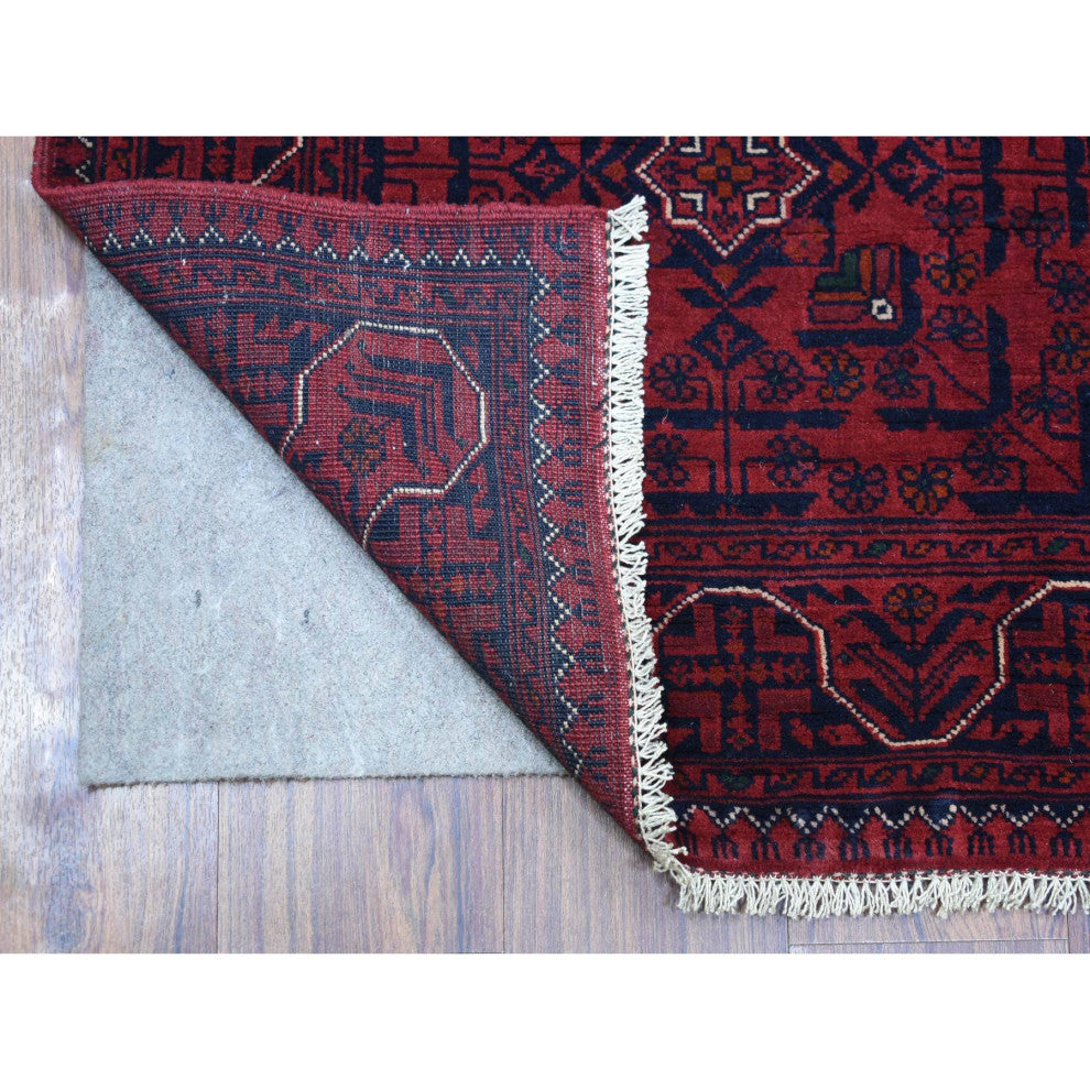 Deep And Saturated Red, Hand Knotted Afghan Khamyab Wool Runner Rug, 2'7"x9'7"