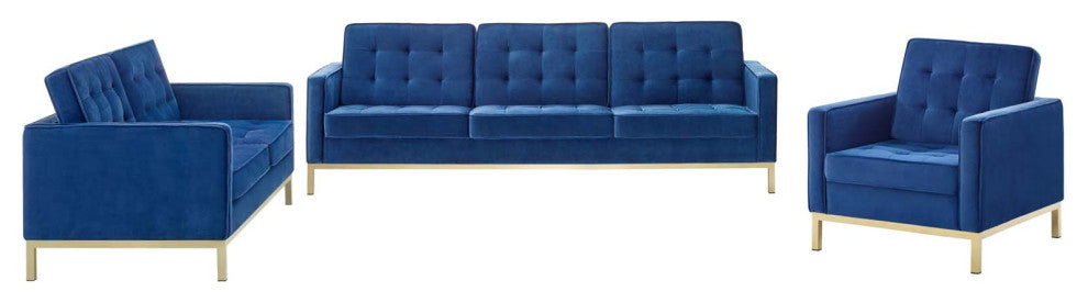 Armchair and Loveseat Sofa Set, Velvet, Gold Blue Navy, Modern, Lounge