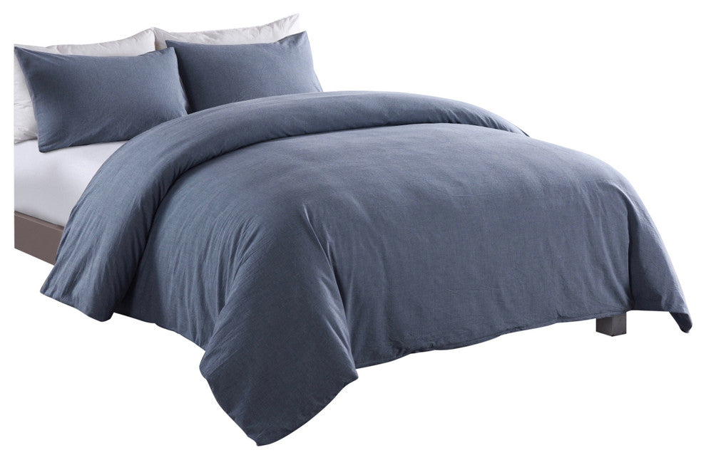 Messy Bed Washed Cotton Duvet Cover and Sham Set, Blue, Full/Queen
