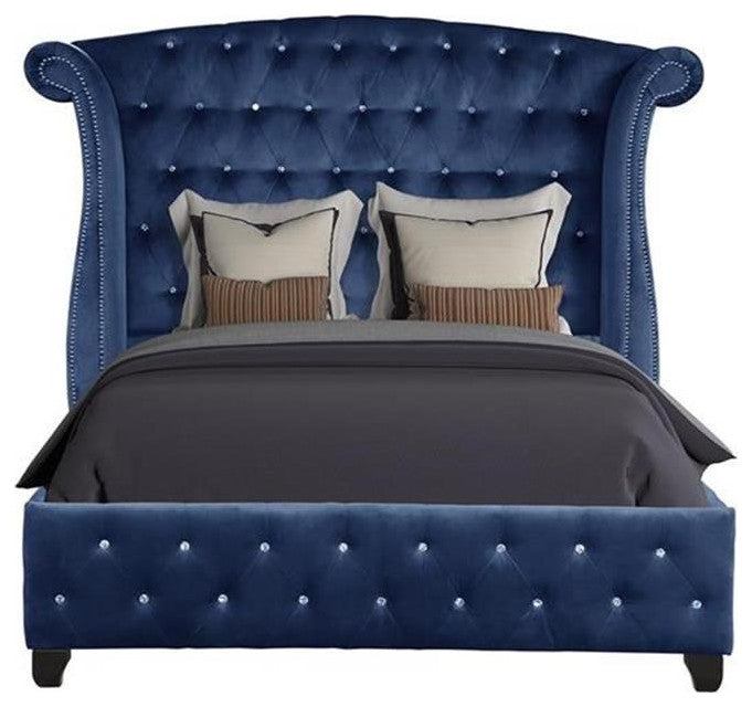 Sophia Crystal Tufted Upholstery Queen Size Bed finished with Wood in Blue