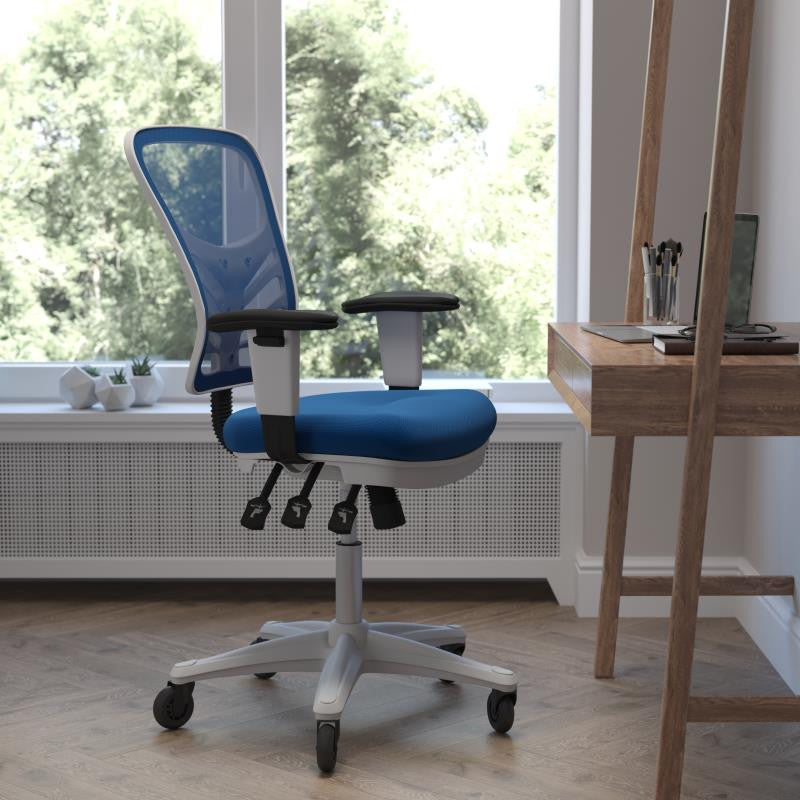 Nicholas Mid-Back Multifunction Ergonomic Office Chair-Blue Mesh/White Frame