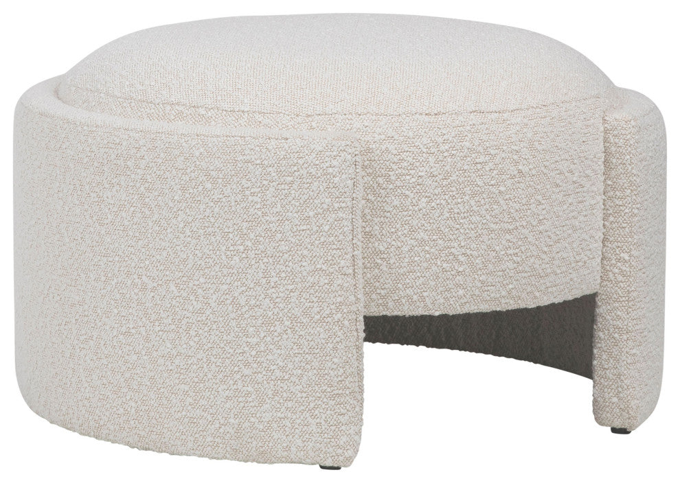 Shawn Boucle Round Ottoman With Round Half-Bezel Foot, Off-White