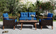 4-Piece Outdoor Wicker Patio Sofa Set with Wood Table and Removable Cushions, Blue