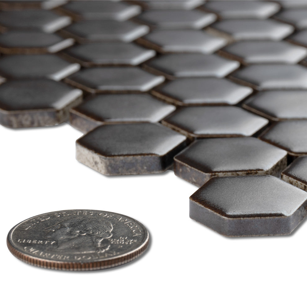 Colmena Hex Porcelain Floor and Wall Mosaic Tile, Matte Gunmetal