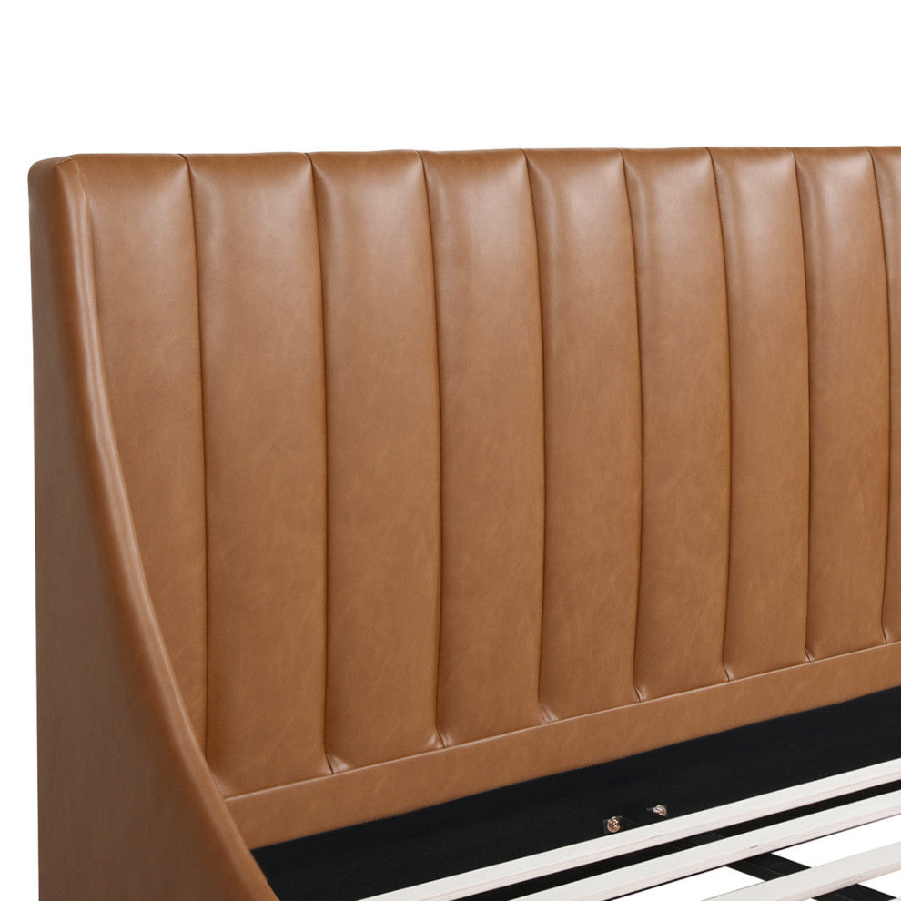 Aspen Modern Vertical Tufted Upholstered Platform Bed, Caramel Tan Brown Faux Leather, King