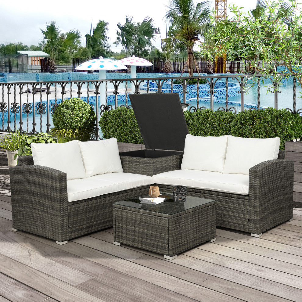 4 Pieces Outdoor Rattan Wicker Patio Sectional With Storage and Cushions