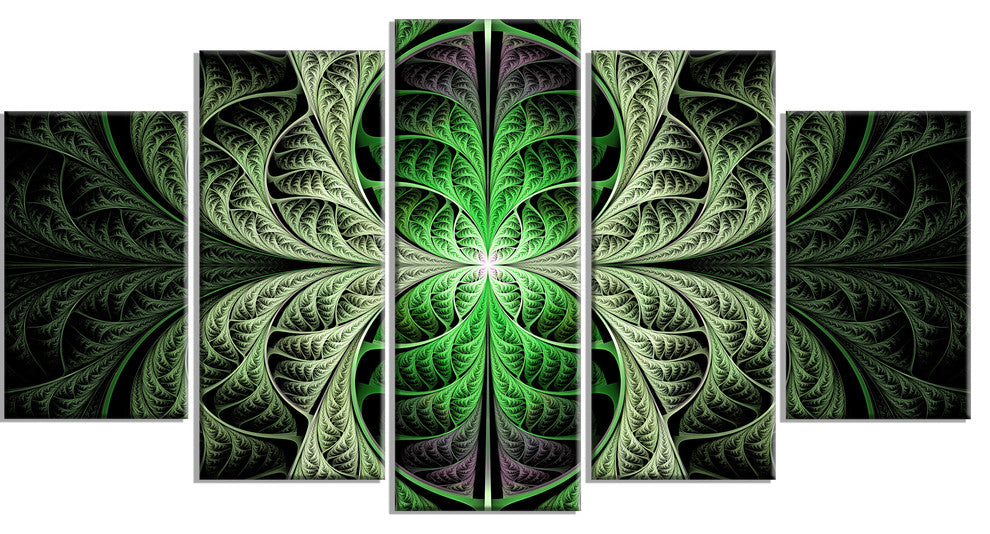 Fabulous Green Fractal Texture, Contemporary Canvas Art Print, 60"x32", 5 Panels
