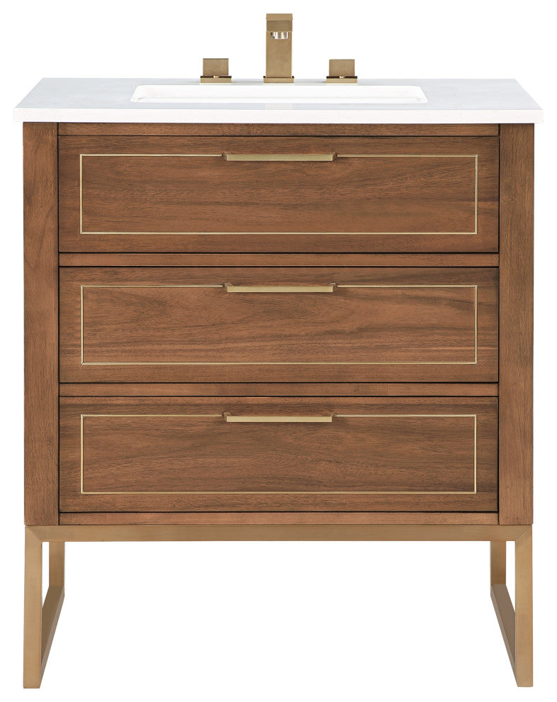 Markham 30" Single Bathroom Vanity Set, Walnut/Satin Brass, Quartz Countertop