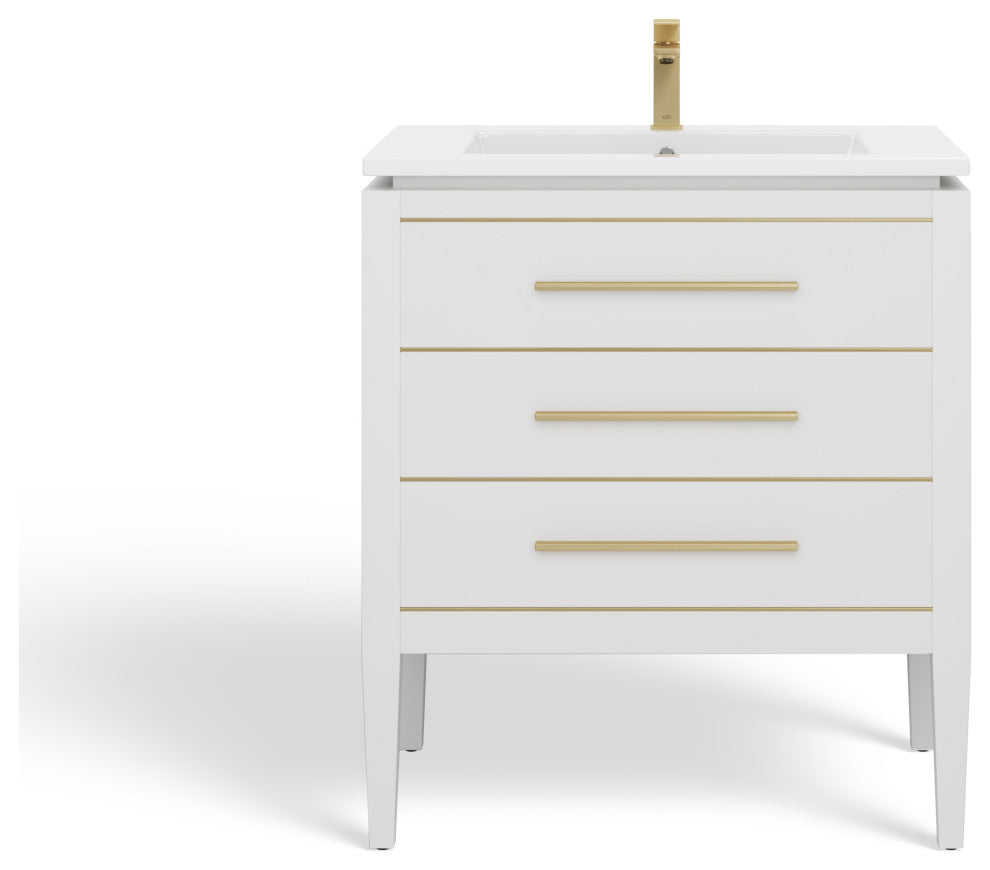 Celios Bathroom Vanity, White With Brass Trim, 30", Single Sink, Freestanding