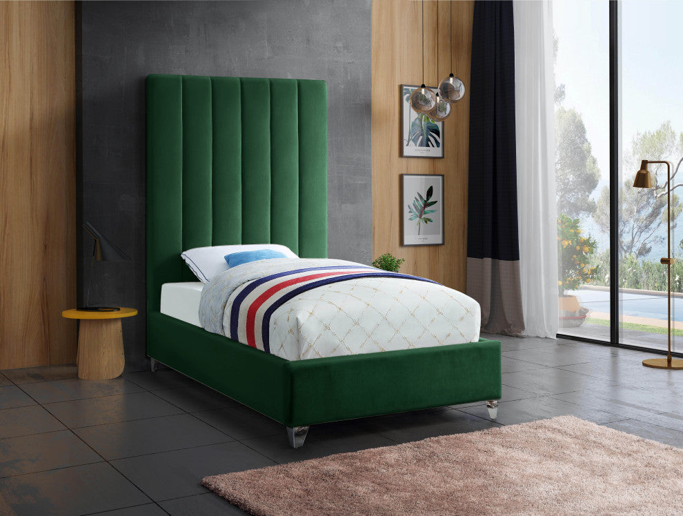 Via Velvet Upholstered Bed, Green, Twin