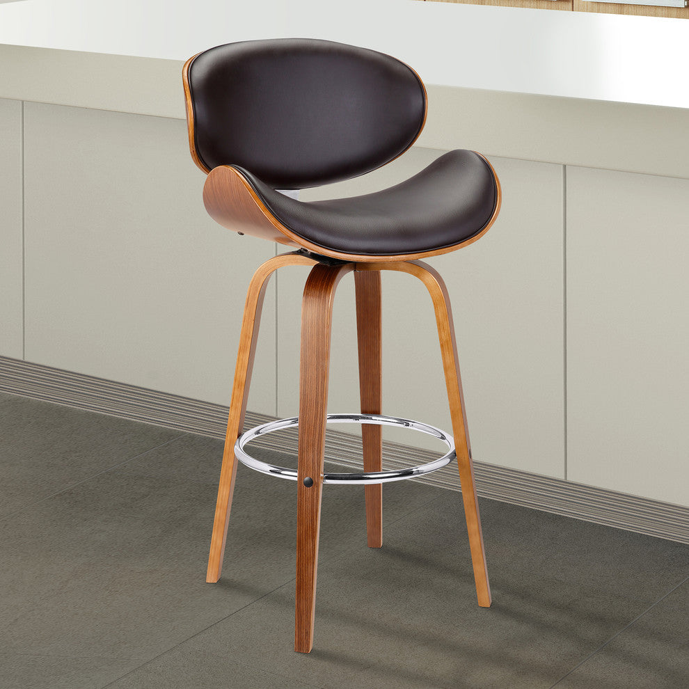 Benton 26" Mid-Century Swivel Counter Stool, Brown Faux Leather, Wooden Legs