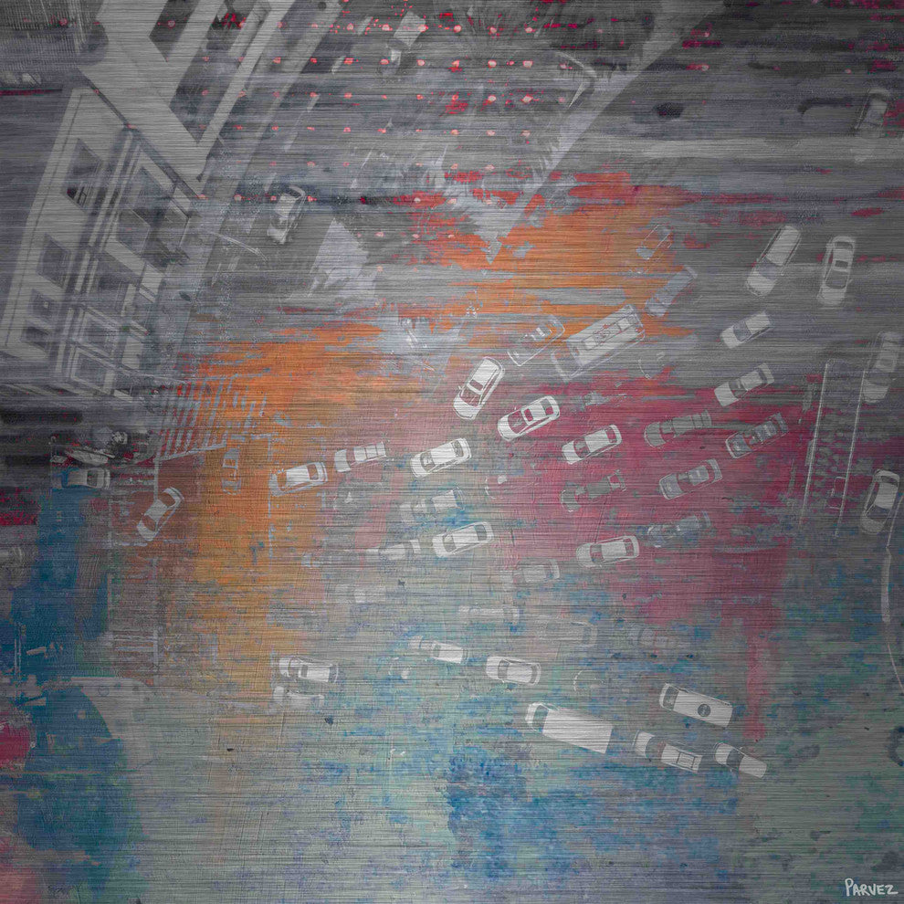 "White Car Jam" Painting Print on Brushed Aluminum, 40"x40"