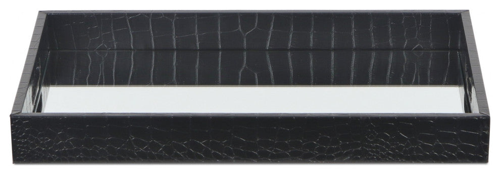 Black Faux Snakeskin Tray With Beveled Mirror