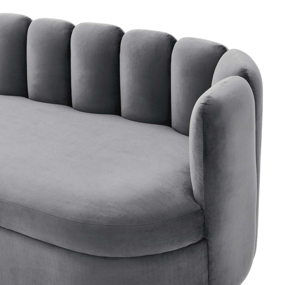 Tufted Sofa, Gray, Velvet, Modern, Mid Century Hotel Lounge Cafe Lobby