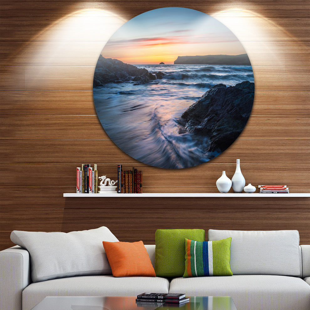 Setting Sun At Polzeath Beach, Modern Seascape Round Wall Art, 23"