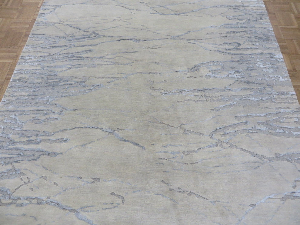 6'2x8'11 Hand Knotted Ivory Gray Modern Wool & Silk Oriental Rug